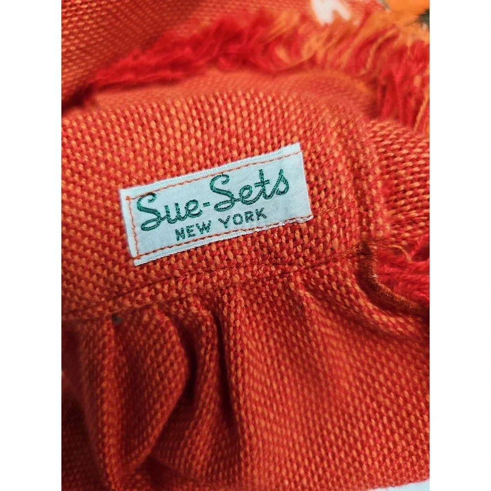 Vtg 60s Sue Sets NY Burlap Waist Apron, Fruit Floral Applique, Orange